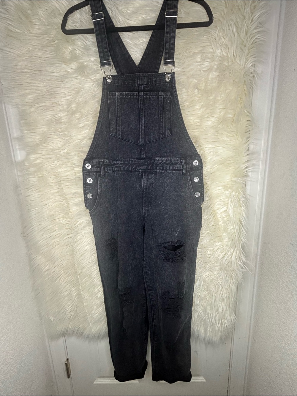 Honey Punch Black Distressed Denim Overalls